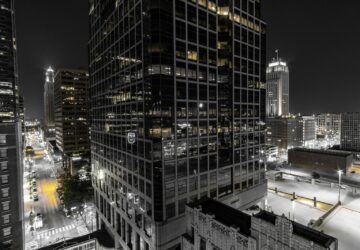 black and grey building during night time