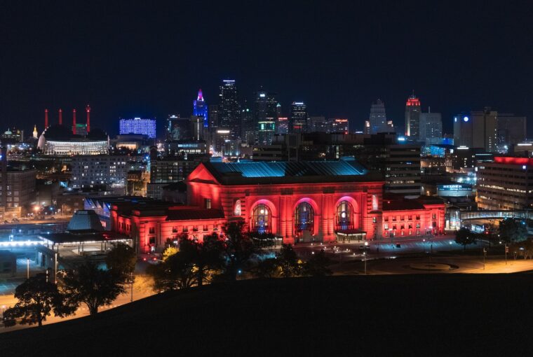 red building at night time